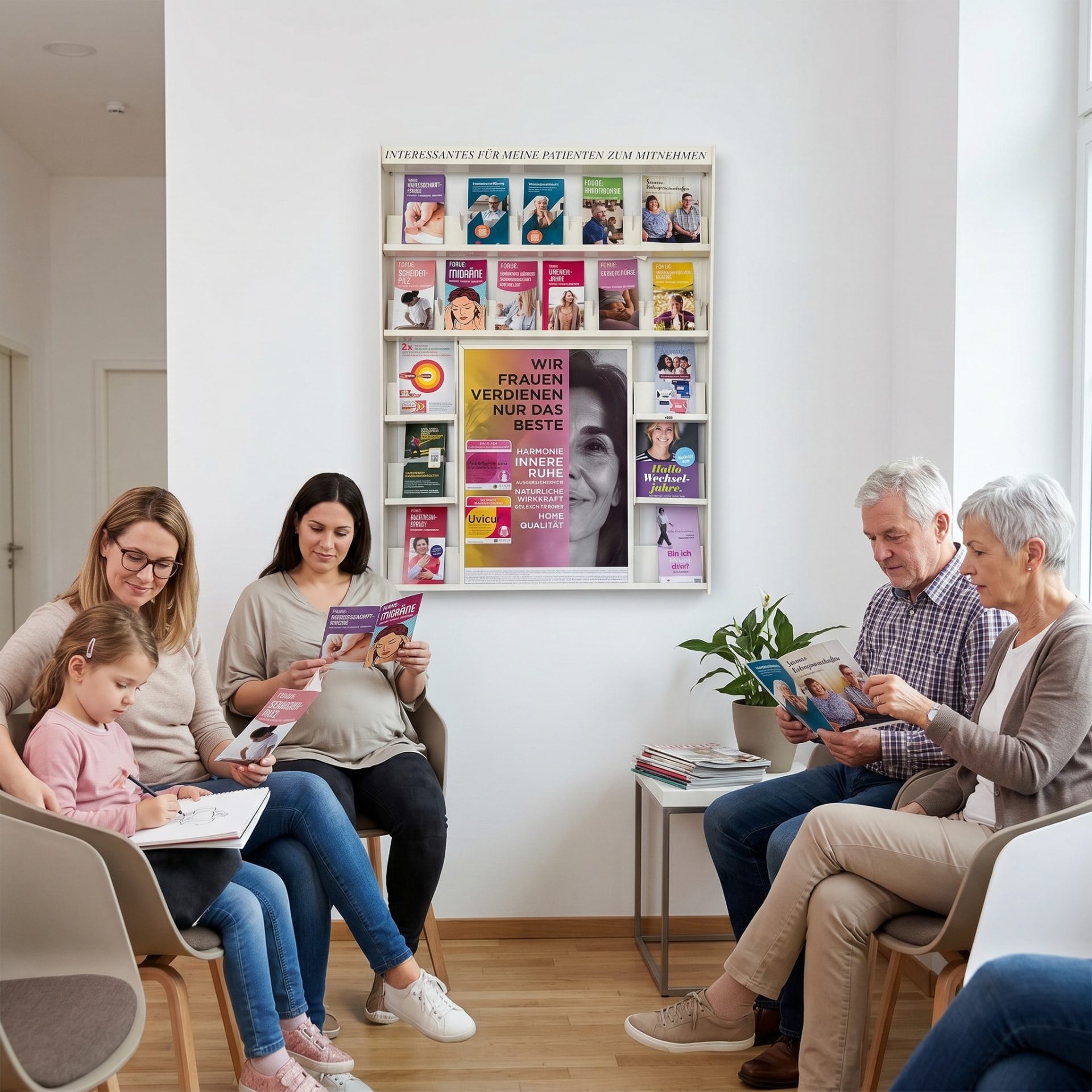 Patienten im Wartezimmer mit dem IDS-Broschürenregal